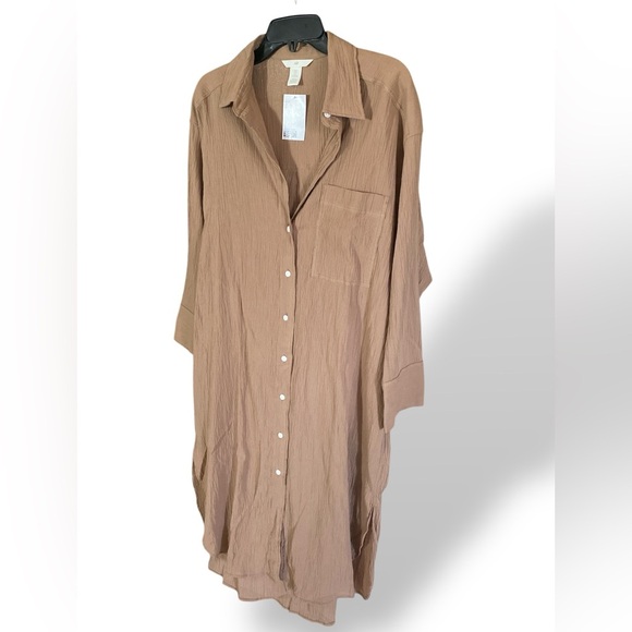 H&M Maxi Brown Shirt Dress Dovetail Sides Patch Pocket Front Button Small NWT - Picture 3 of 14